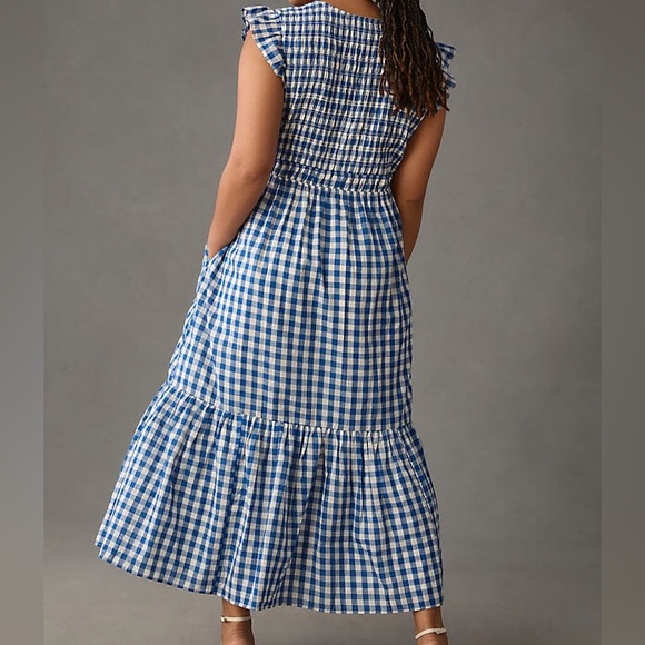 Anthropologie The Peregrine Midi Dress Blue Gingham Plaid Smocked Size L - Picture 7 of 9